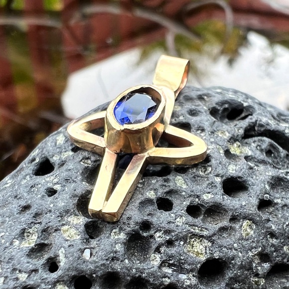 Blue Sapphire Cross Pendant Solid 14K Gold, September Birthday - no chain - Picture 7 of 9